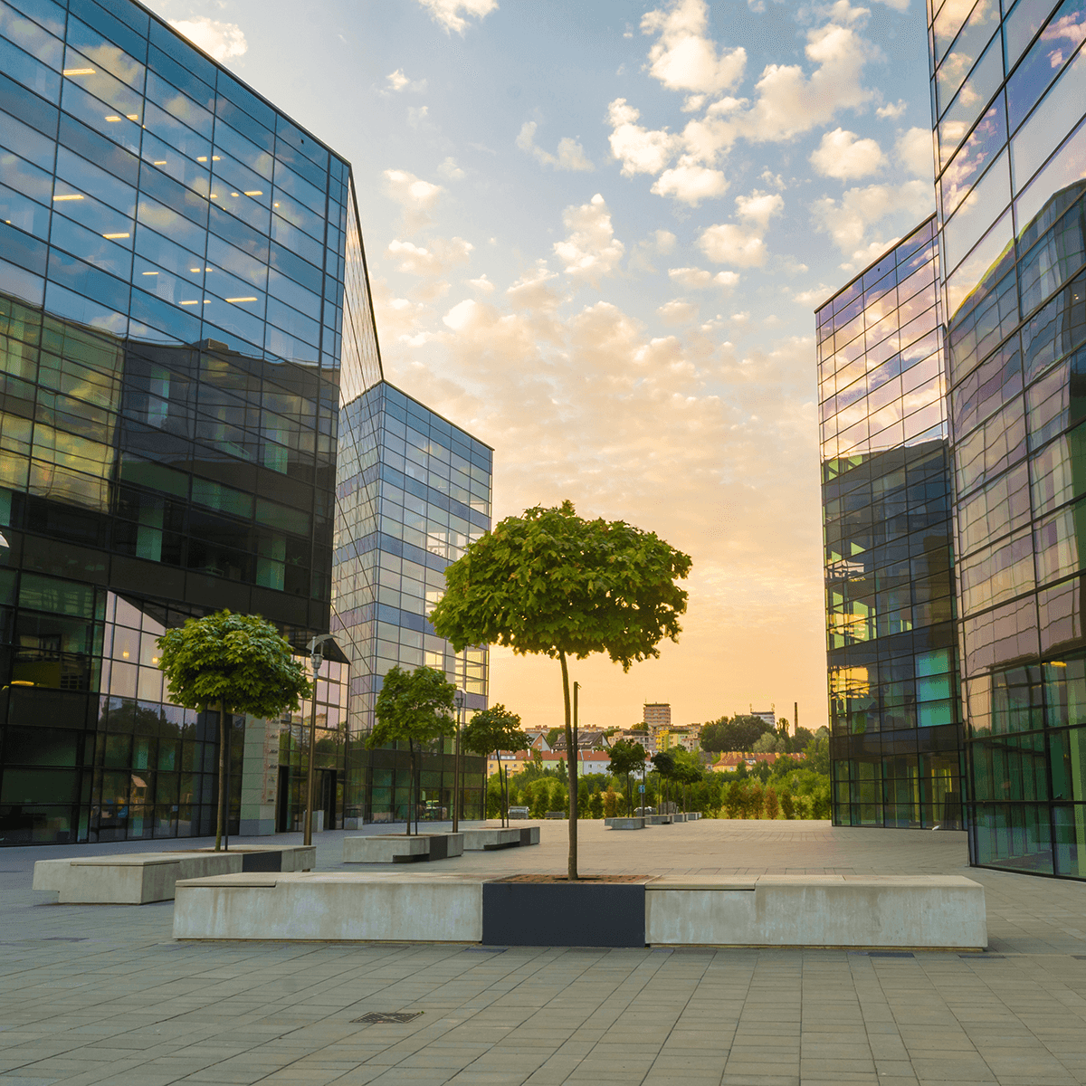 Buildings and an open plaza